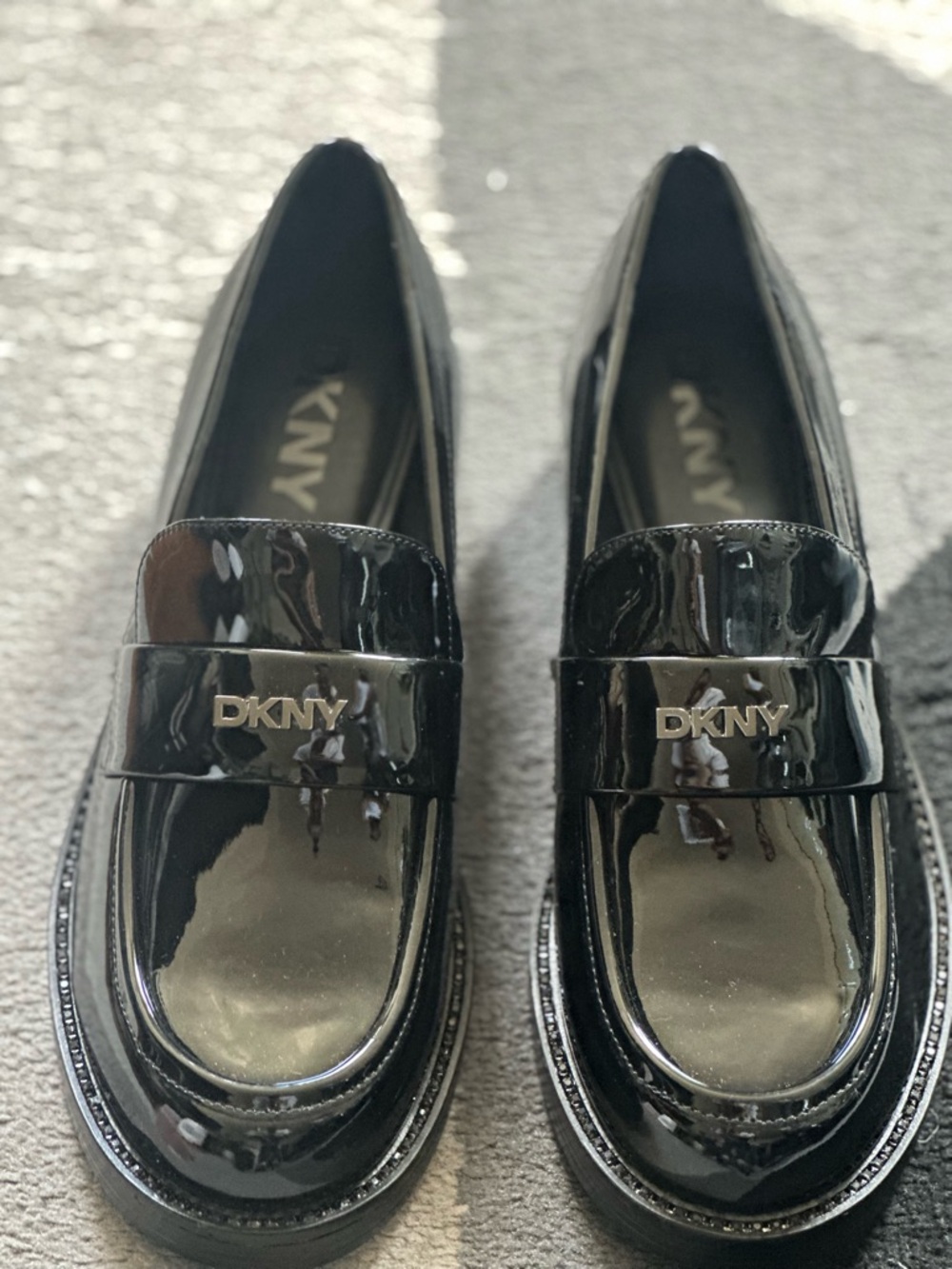 DKNY Black Patent Leather Penny Loafers with Gold Logo